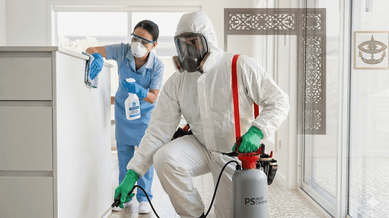 Professional pest control technician performing inspection